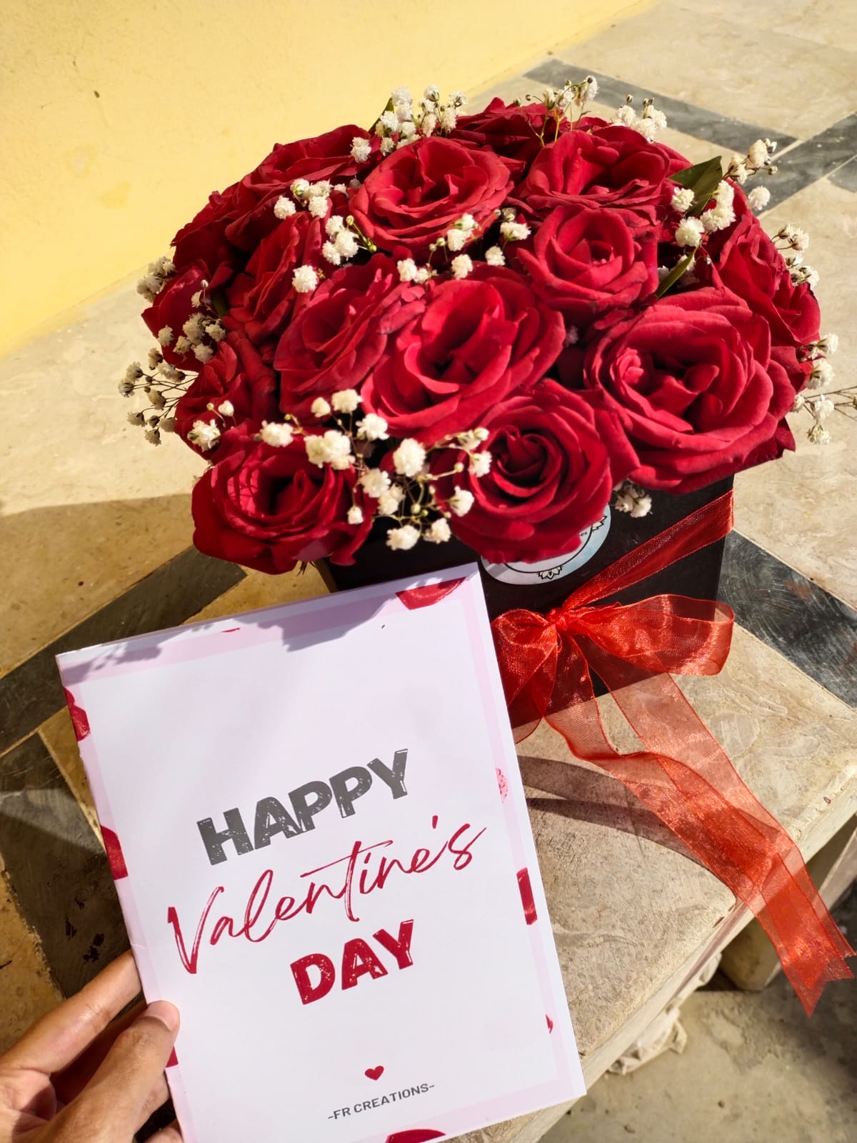 Square Red Roses Box With Baby Breaths